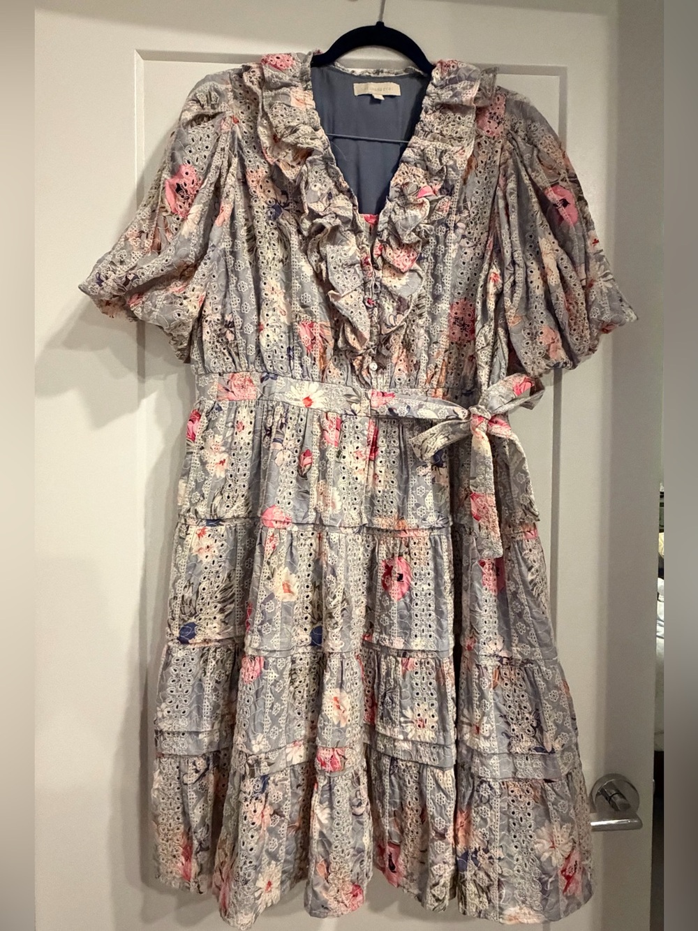Dance & Marvel Women’s Small Puff Sleeve Tie Waist Dress Blue Pink Floral XXL